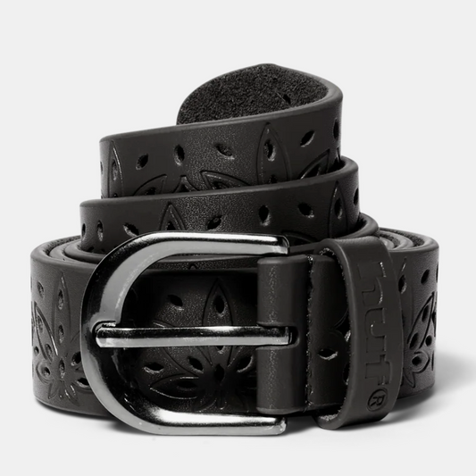 Black leather belt with silver buckle on a light gray background
