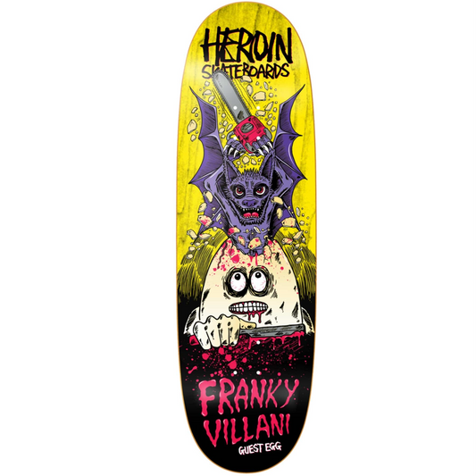 Skateboard deck with a colorful design featuring a bat and skull, branded 'Heroin Skateboards'.