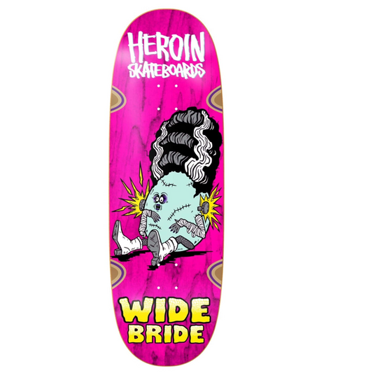Skateboard deck with 'Heroin Skateboards' and 'Wide Bride' text on a pink background