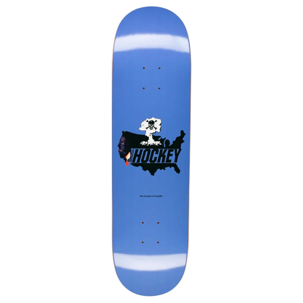 Blue skateboard deck with a black and white graphic design on a white background