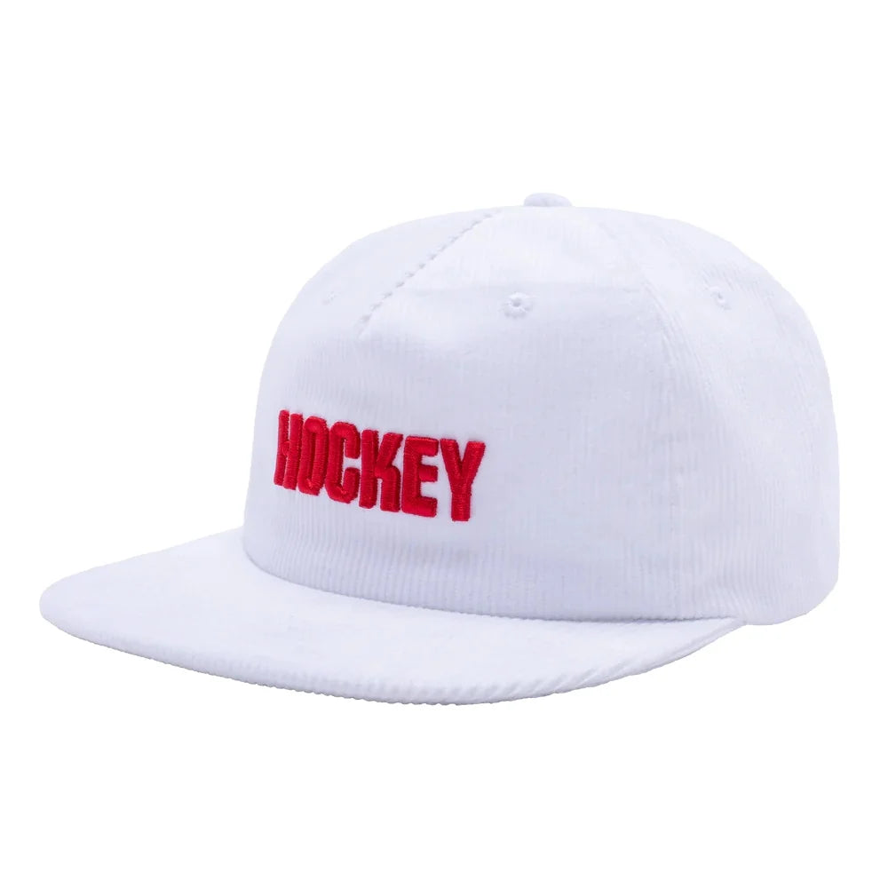 A white flat-brim baseball cap with the word 'HOCKEY' embroidered in red across the front, shown on a plain white background.