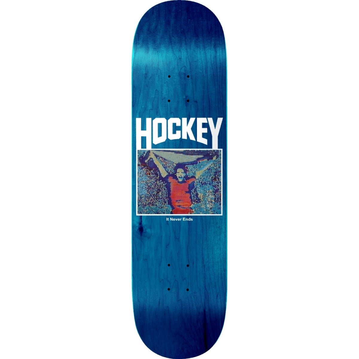 Blue skateboard deck with 'Hockey' branding and graphic design on a white background