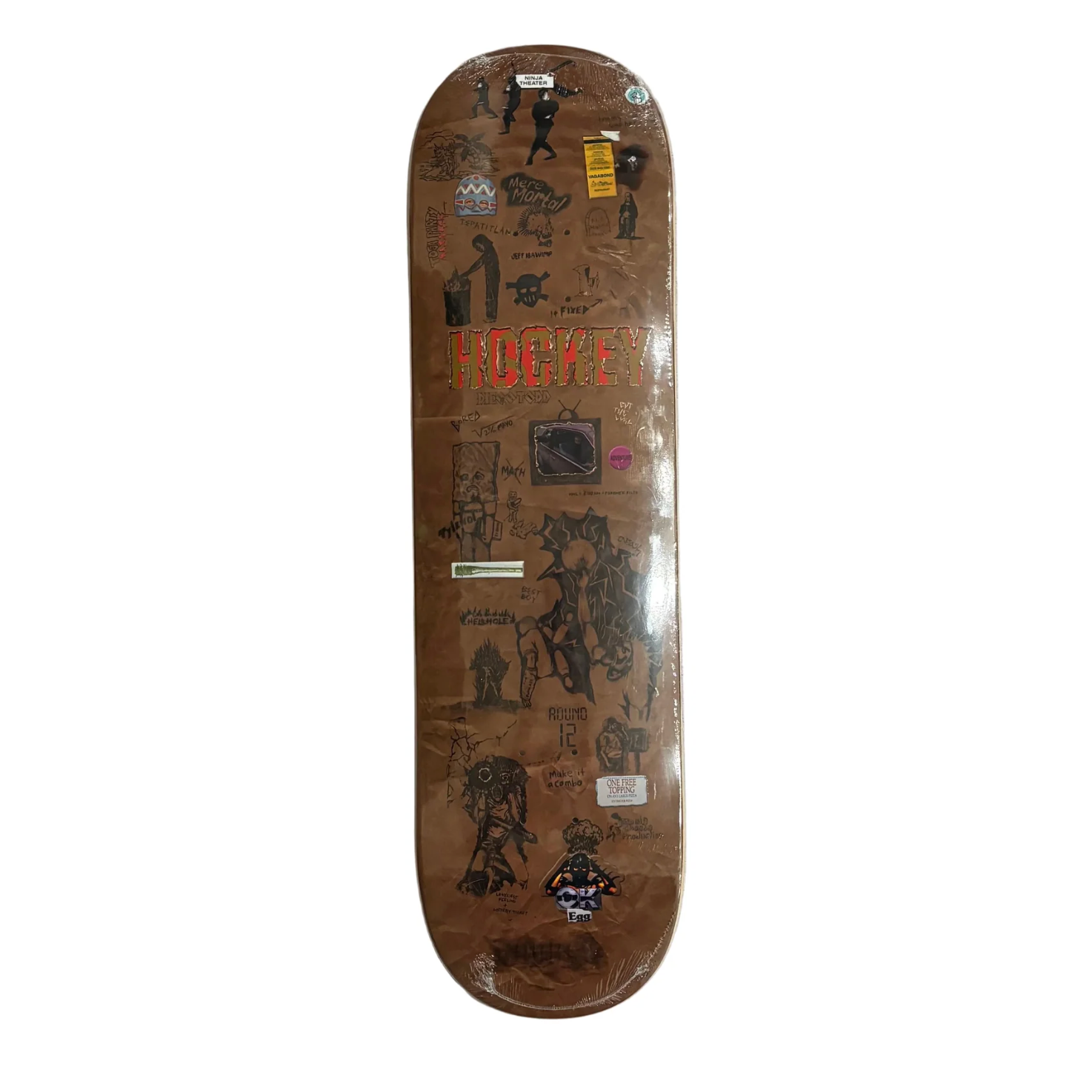 Skateboard deck with various stickers on a white background