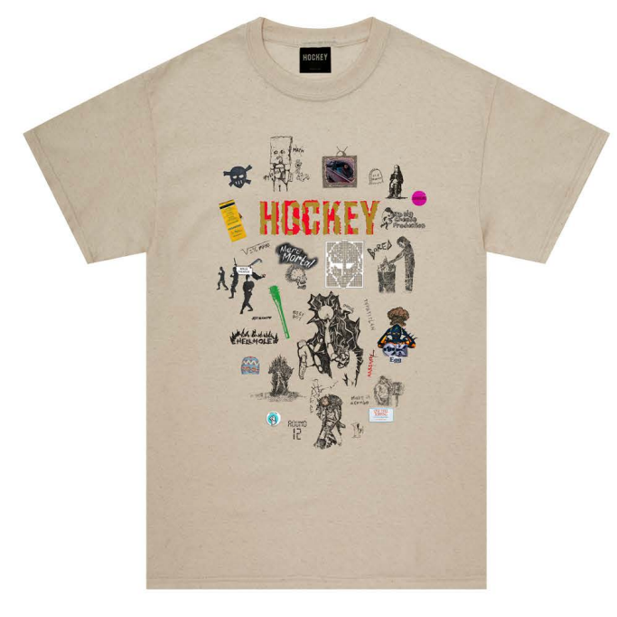 Beige t-shirt with graphic designs and 'Hockey' branding on a white background