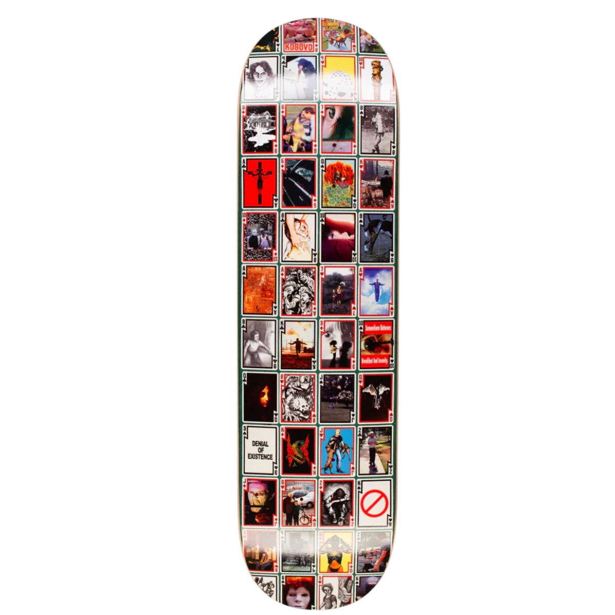 A skateboard deck featuring a dense collage of various album and movie posters in a vertical orientation, shown against a plain white background.