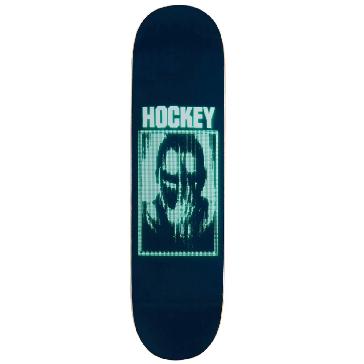 A dark navy blue skateboard deck featuring a graphic print of a hockey player in a mask with the word 'HOCKEY' in light teal above it, shown against a plain white background.