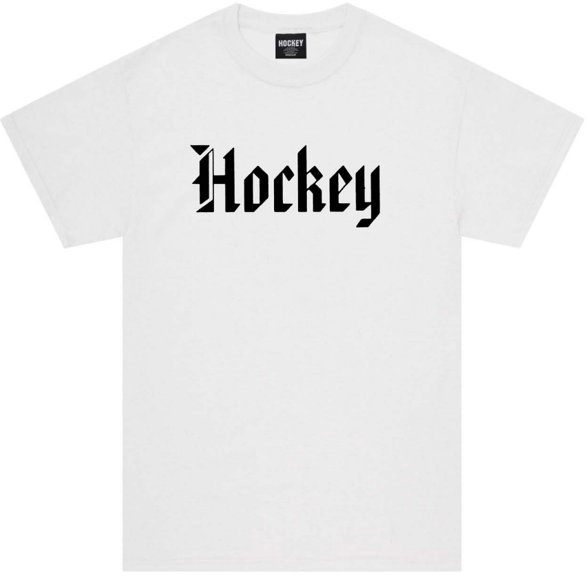 White t-shirt with 'Hockey' text on a white background