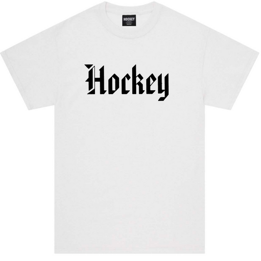 White t-shirt with 'Hockey' text on a white background