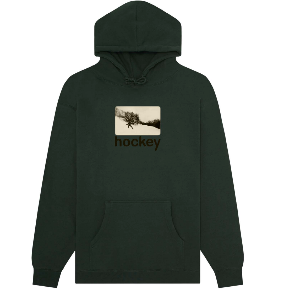 Dark green hoodie with a small graphic and the word 'hockey' on a white background