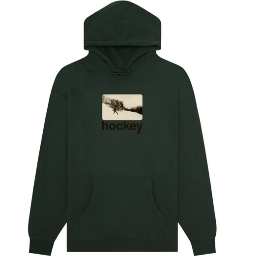 Dark green hoodie with a small graphic and the word 'hockey' on a white background
