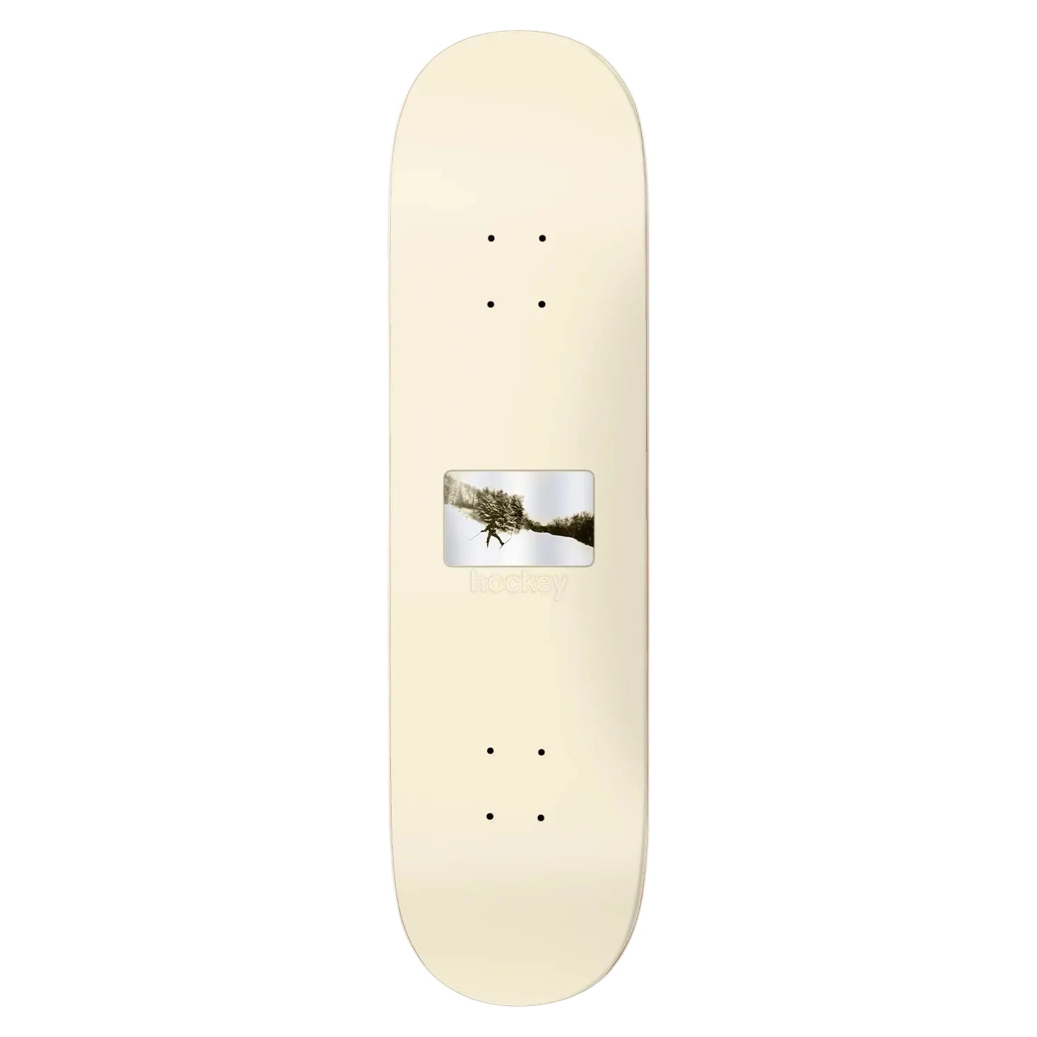 Skateboard deck with a printed design on a white background