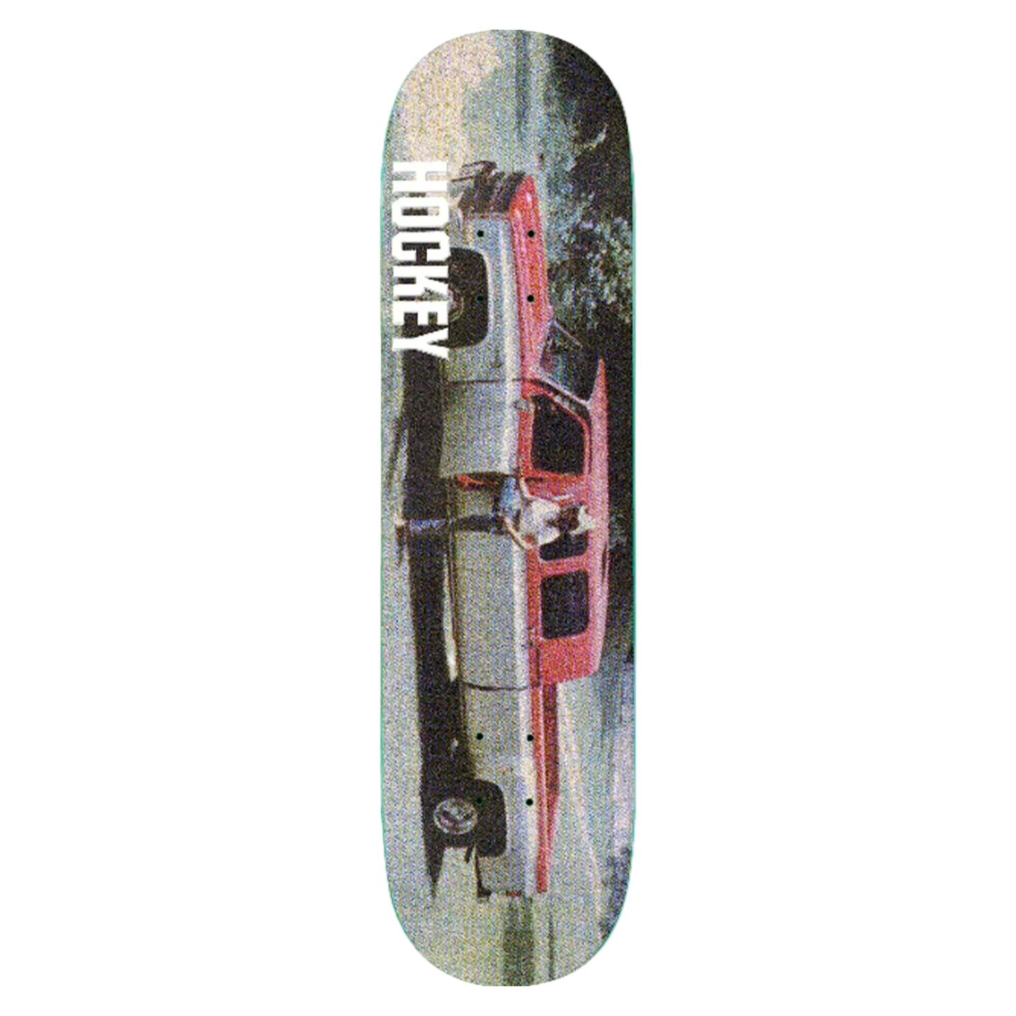 Skateboard deck with a red car design and 'Hickey' branding on a white background