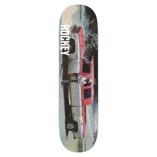 Skateboard deck with a red car design and 'Hickey' branding on a white background