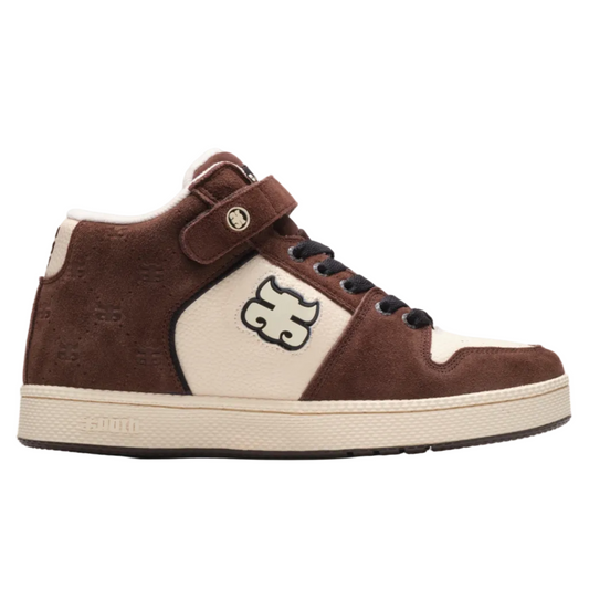 Brown and white sneaker with a logo on a white background