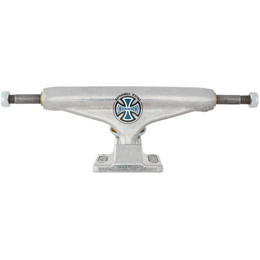A silver metal skateboard truck with a blue and white Interstate logo in the center, set against a plain white background.