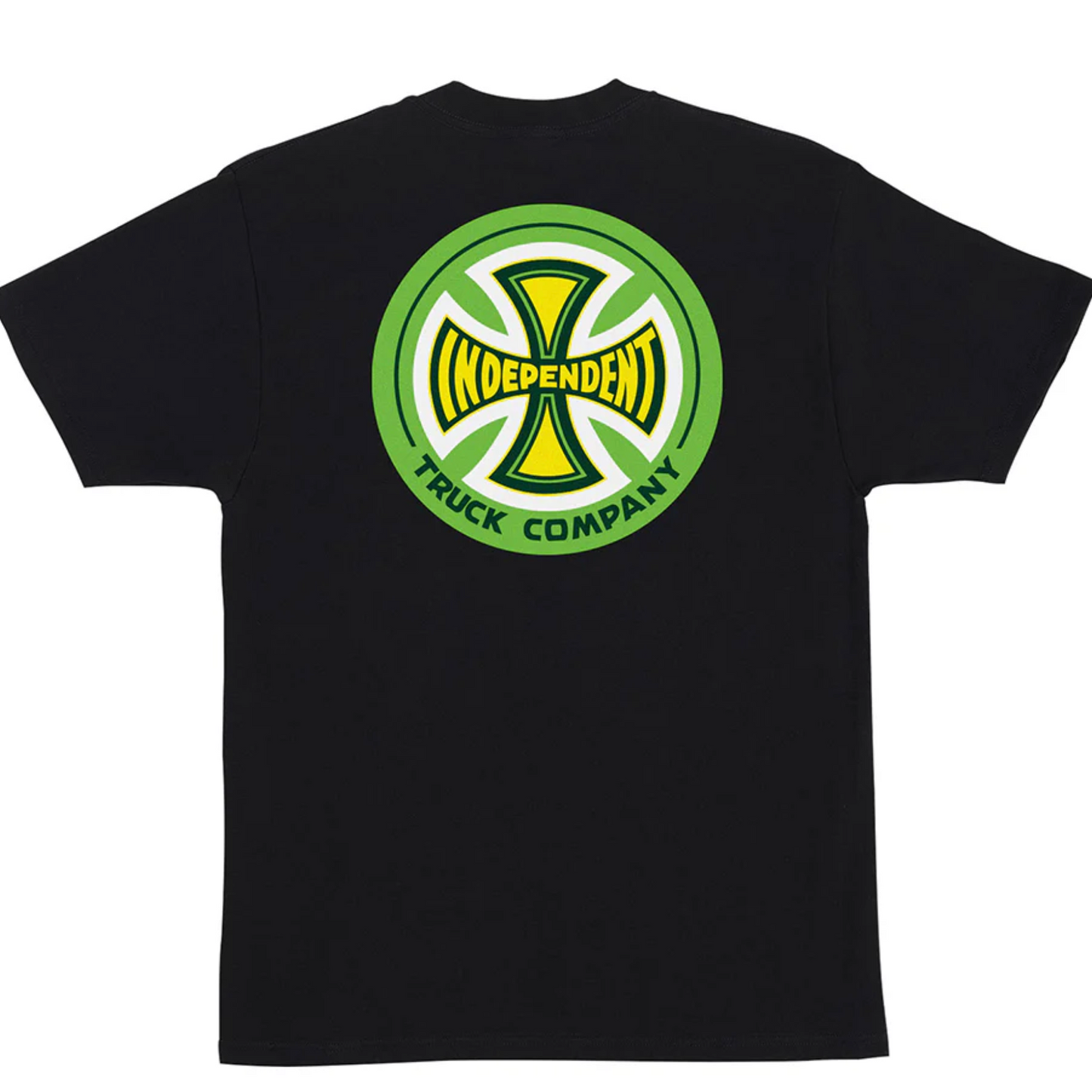 Black t-shirt with a green and yellow logo on the back, on a white background