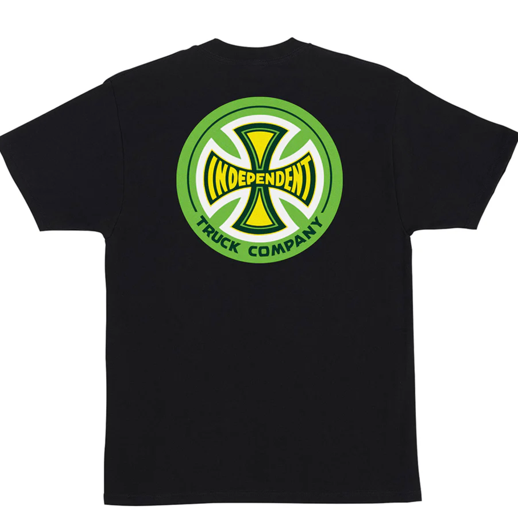 Black t-shirt with a green and yellow logo on the back, on a white background