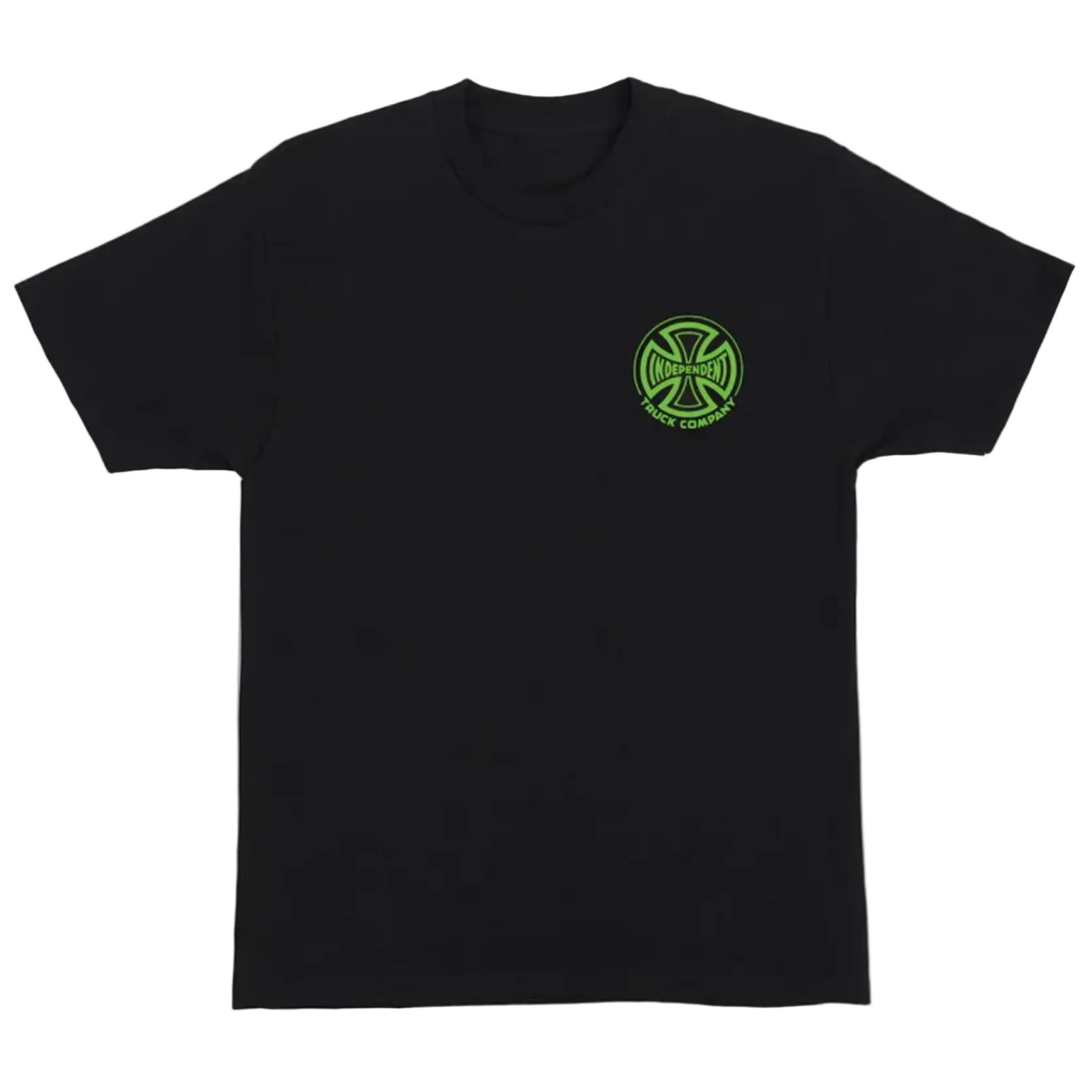 Black t-shirt with a green logo on a white background