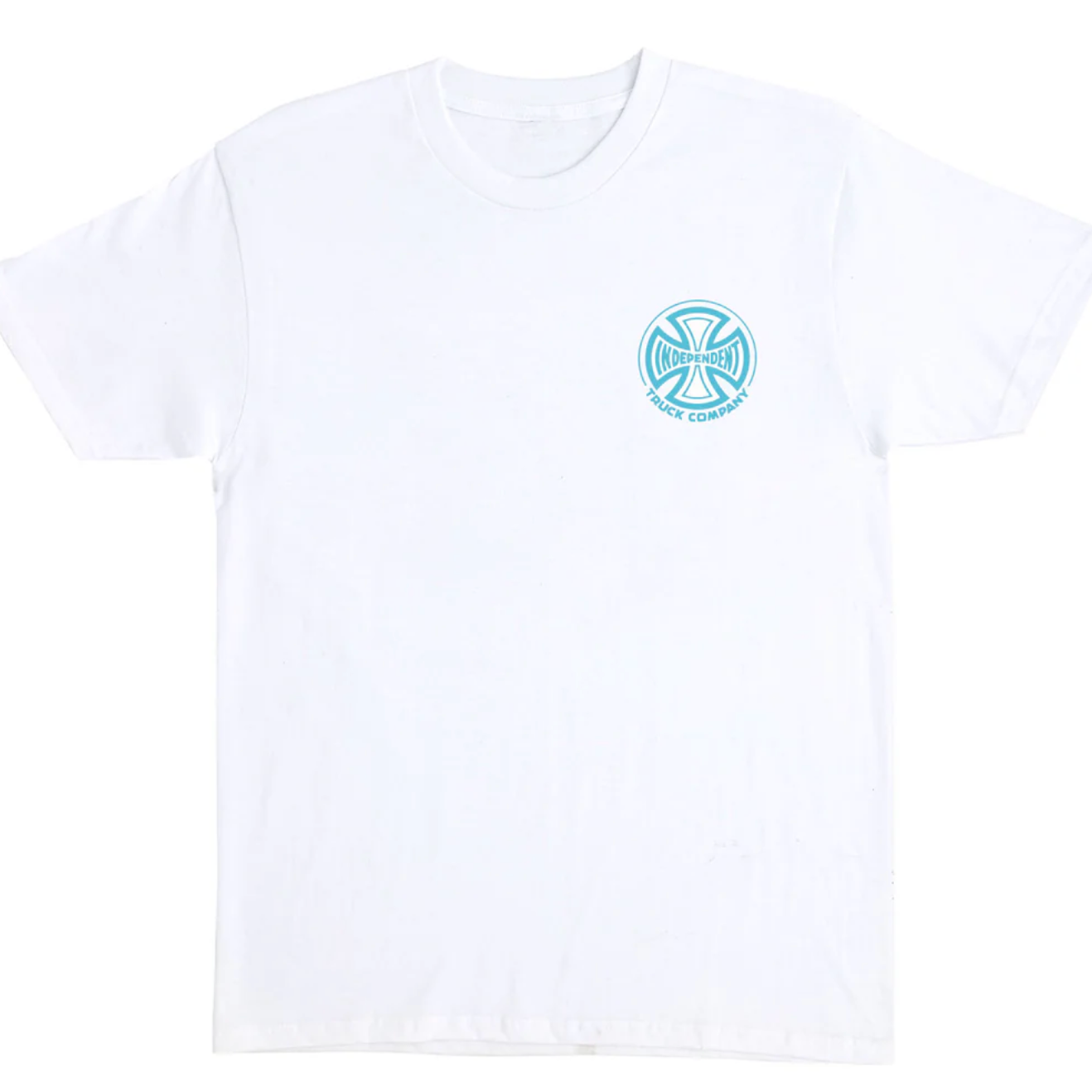 White t-shirt with a blue logo on a white background