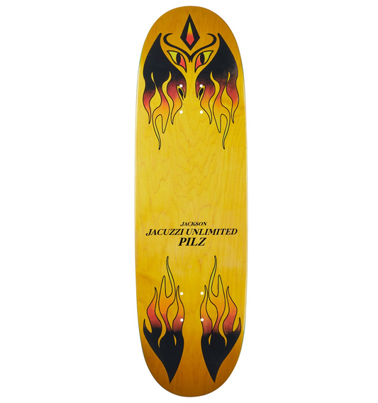 Skateboard deck with flame design and text on a yellow background