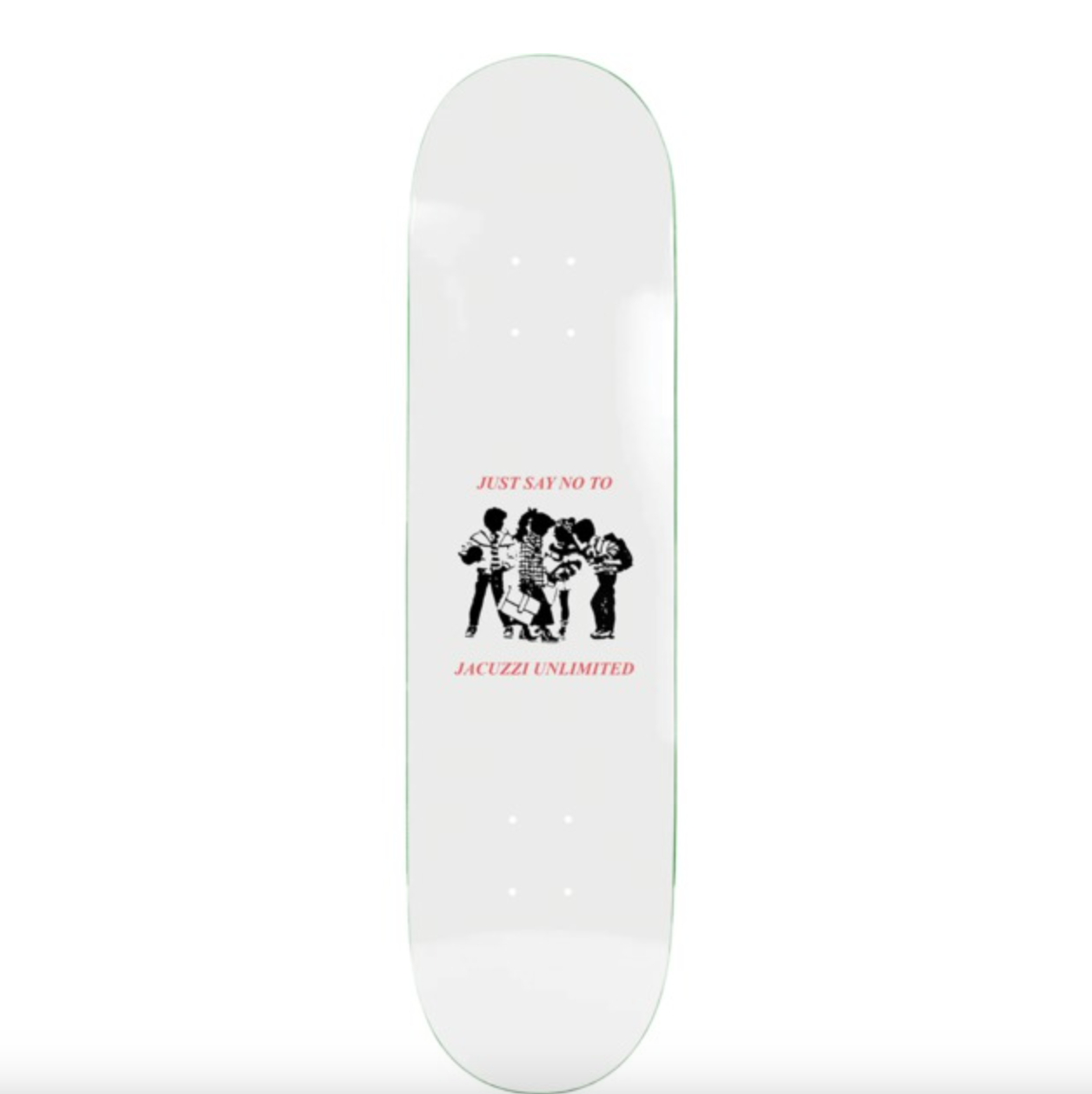 Skateboard deck with black and white graphic and red text on a white background