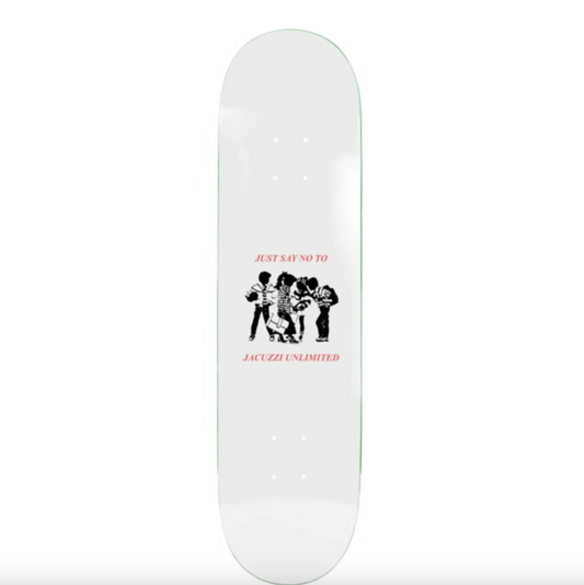Skateboard deck with black and white graphic and red text on a white background