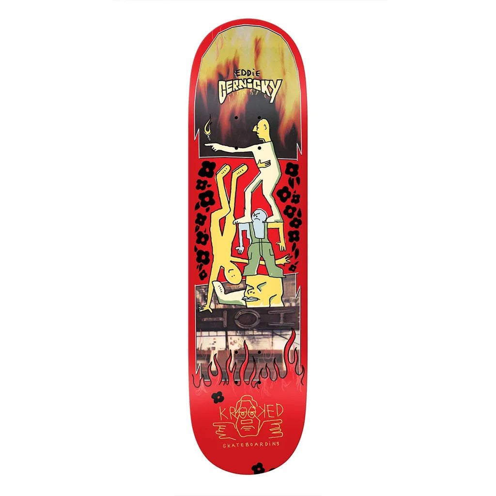 A skateboard deck featuring a vibrant red background with a central graphic of yellow figures and a white figure