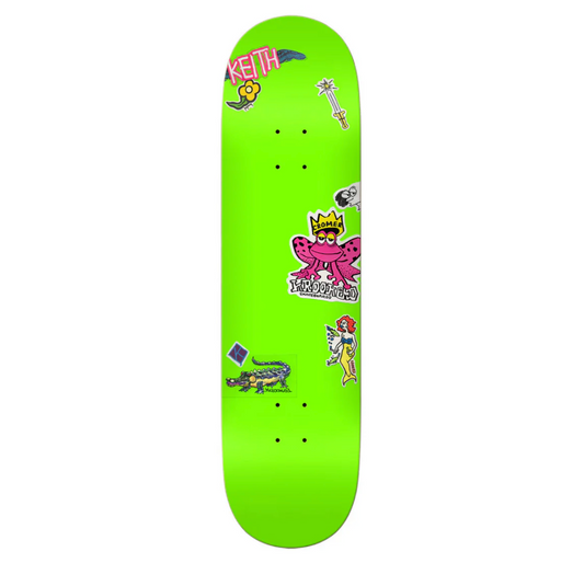 Green skateboard deck with colorful graphics on a white background