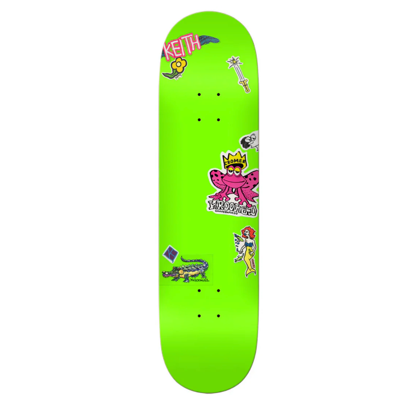 Green skateboard deck with colorful graphics on a white background