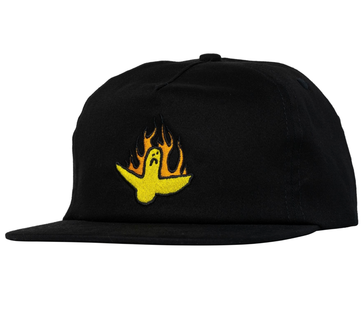 Black cap with a yellow and orange logo on a white background