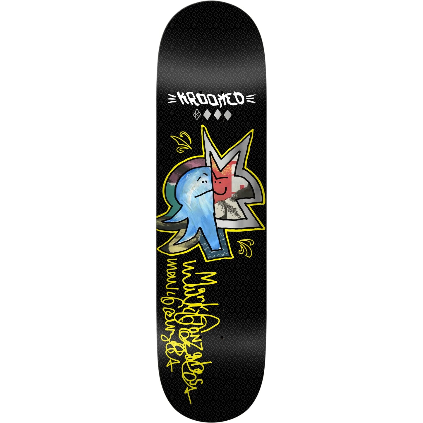 A black skateboard deck featuring a colorful graphic of a blue and a red figure in a yellow outline, with the brand name 'Krooked' and yellow graffiti-style text 