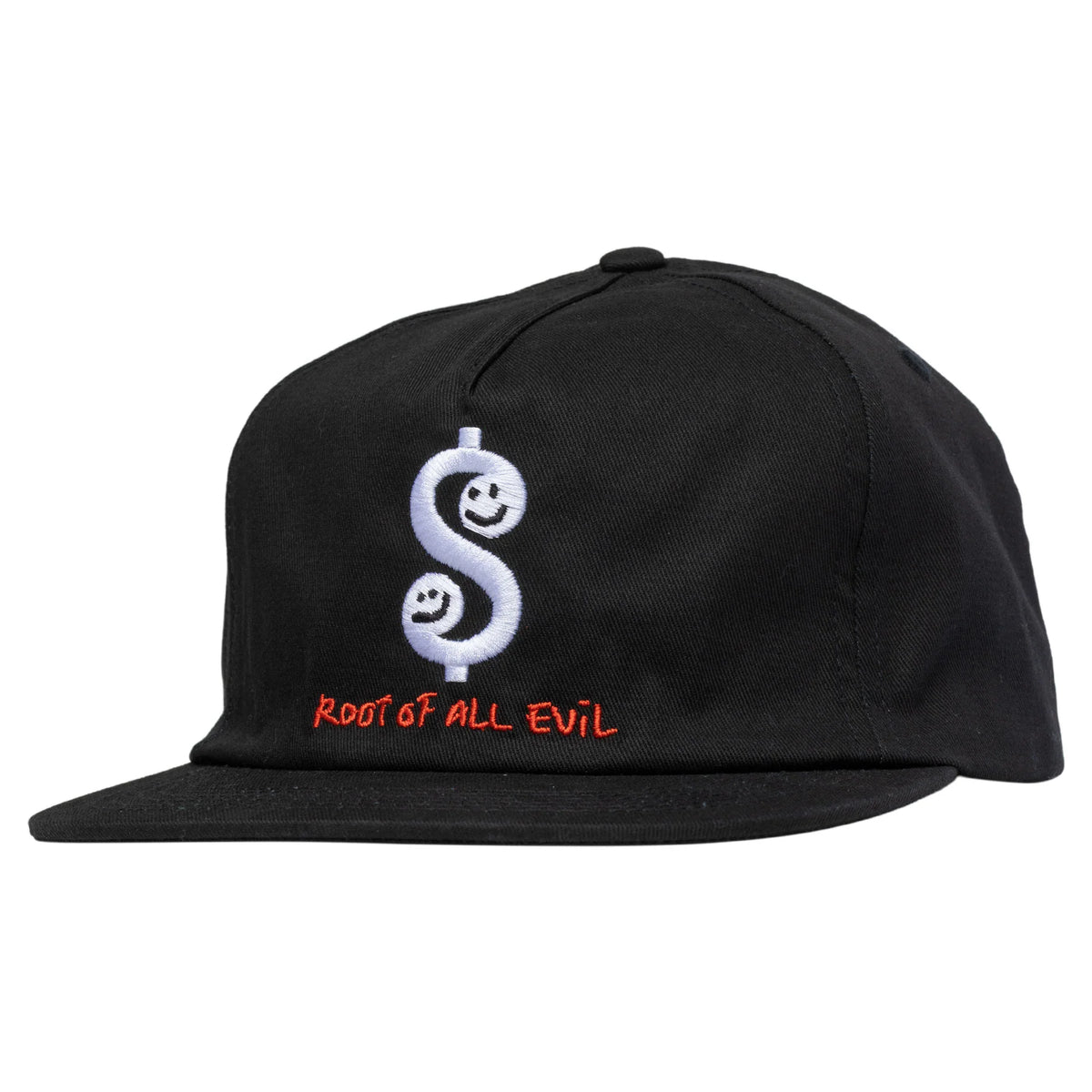 A black flat-brim baseball cap featuring an embroidered white dollar sign with smiley faces and the red text 'ROOT OF ALL EVIL' on the front