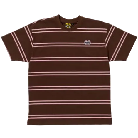 Brown striped t-shirt with a logo on a white background