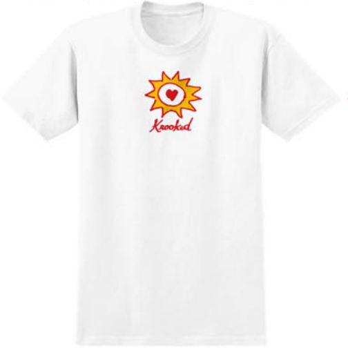 White t-shirt with a colorful graphic design on a white background