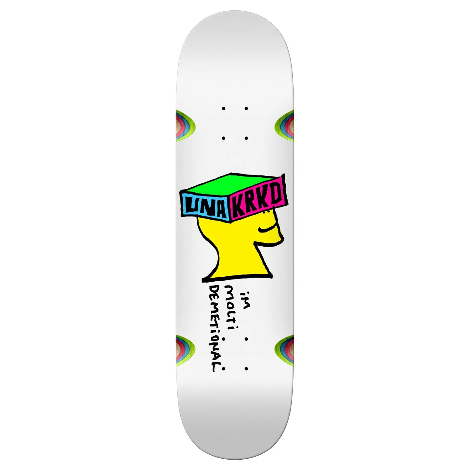 Skateboard deck with a colorful graphic design on a white background
