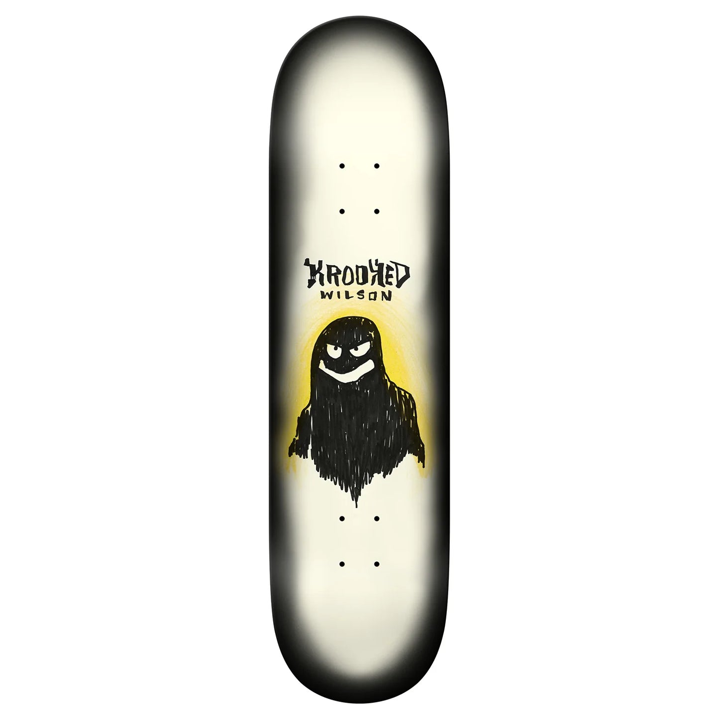 Skateboard deck with a graphic design of a character and text on a white background