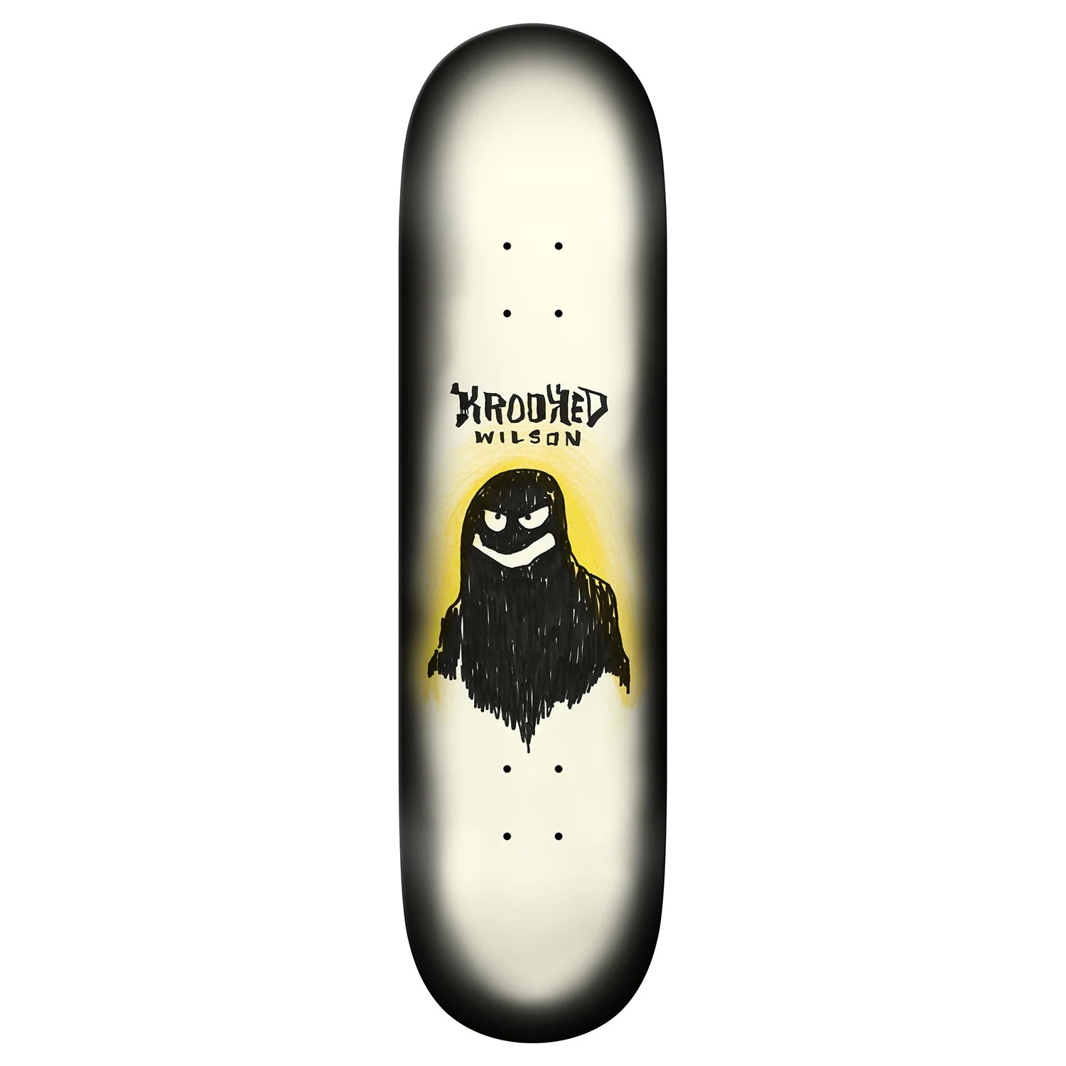 Skateboard deck with a graphic design of a character and text on a white background