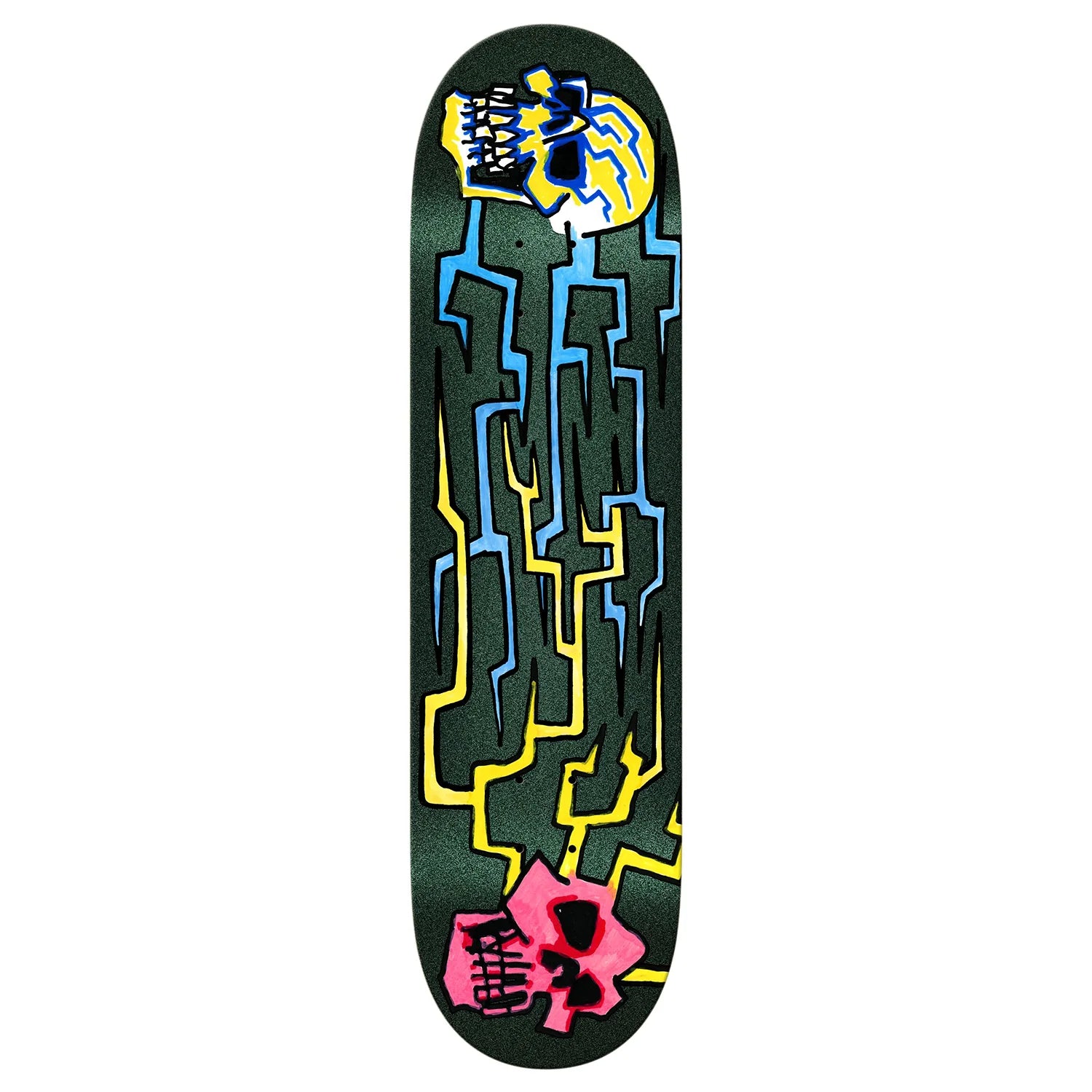 Skateboard deck with colorful geometric design on a white background
