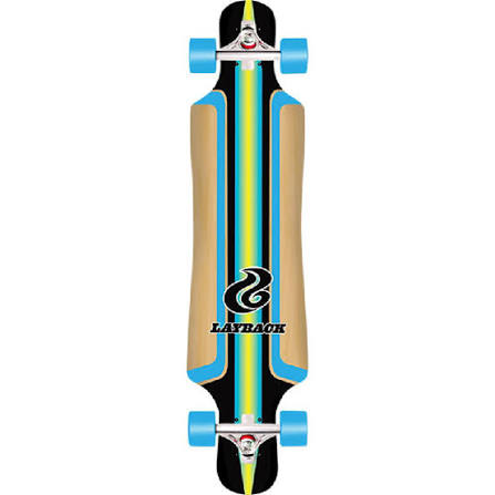 A longboard deck has a natural wood-grain base with bold black, light blue, and turquoise stripes, a black graphic logo, and the brand name 'LAYBACK' printed