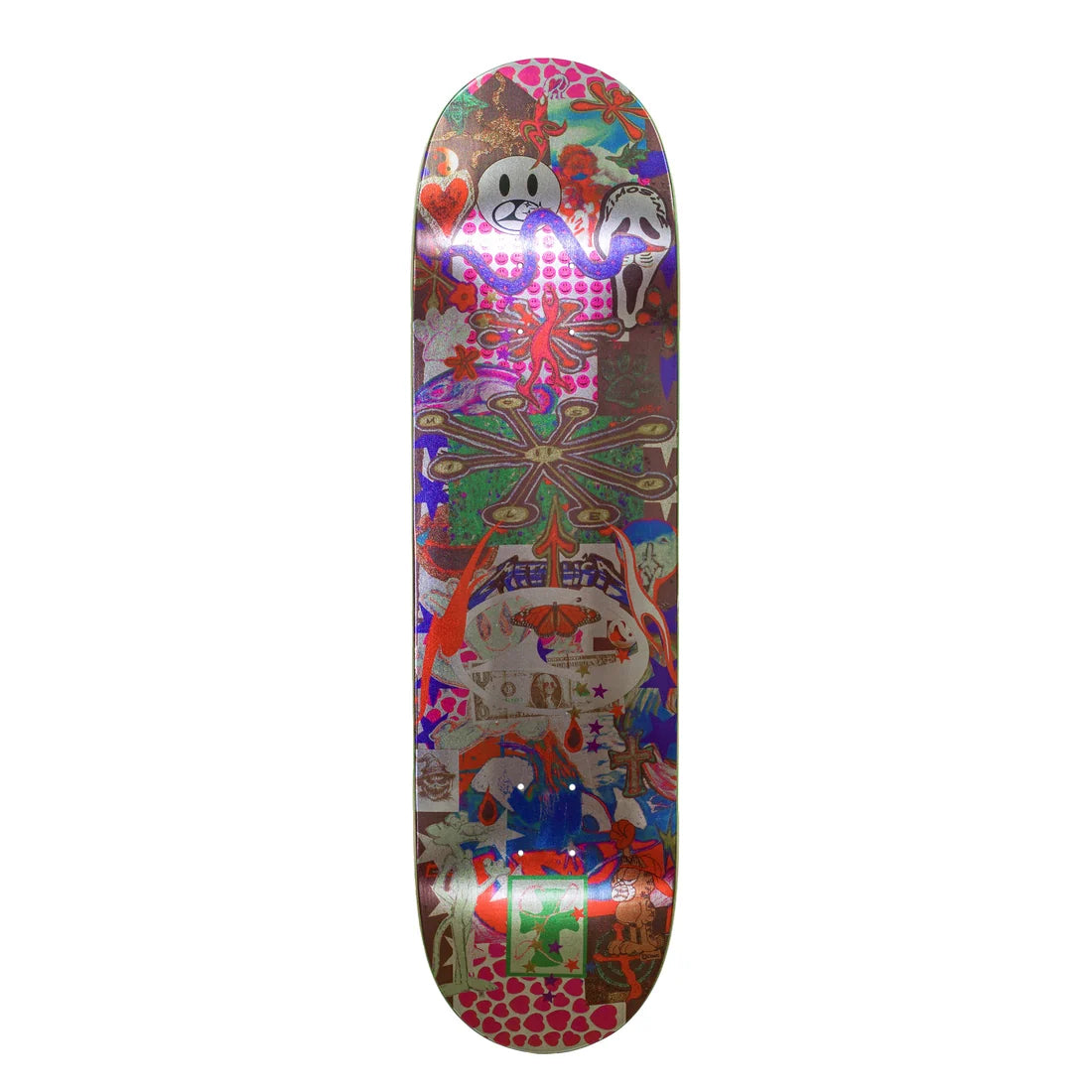 A skateboard deck featuring a highly detailed, colorful graphic illustration with various cartoon characters and patterns