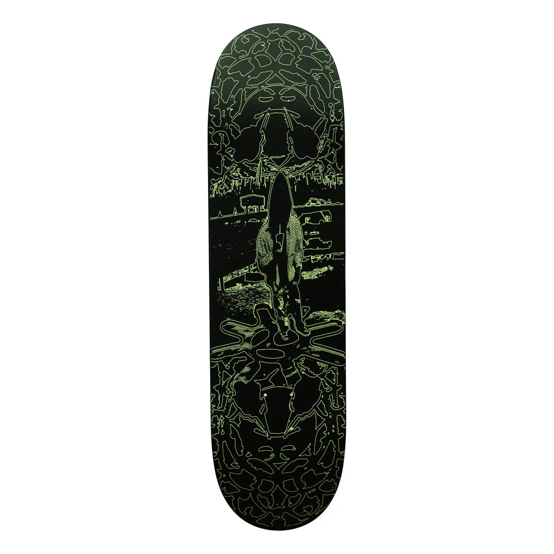 A skateboard deck with a black background and a green psychedelic line-art graphic of a figure in the center