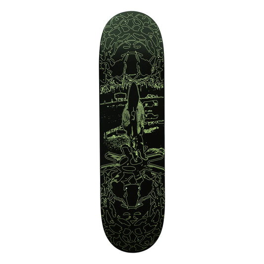 A skateboard deck with a black background and a green psychedelic line-art graphic of a figure in the center