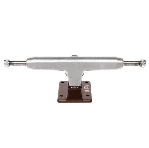 A single skateboard truck with a silver metal chrome-finished body and a dark brown base plate