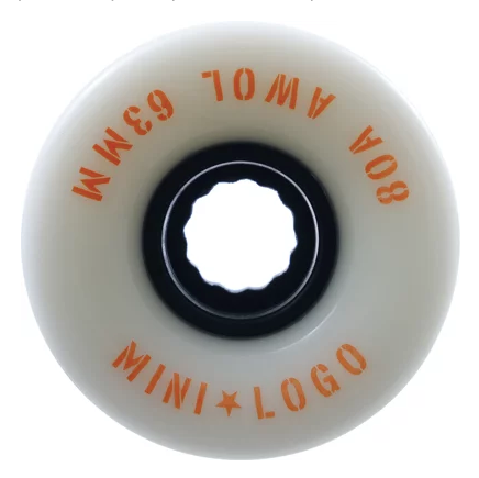 Skateboard wheel with orange text on a white background