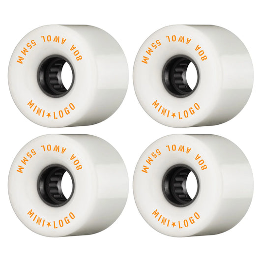 Four white skateboard wheels with orange text on a white background