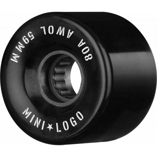 Black skateboard wheel with white text.