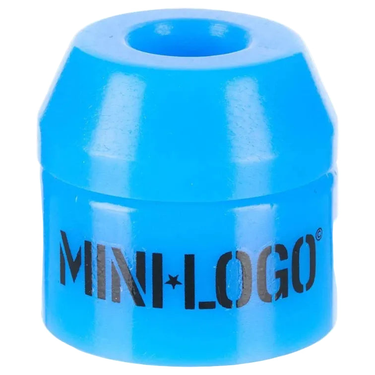 A bright blue cylindrical skateboard bushing with the brand name 'MINI LOGO' printed in black on the front, isolated on a white background.