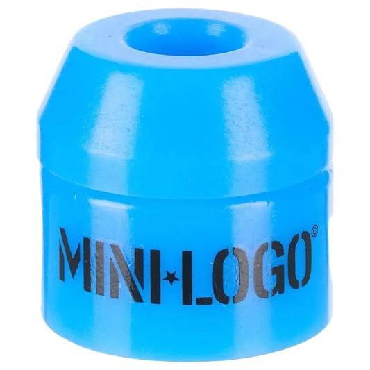 A bright blue cylindrical skateboard bushing with the brand name 'MINI LOGO' printed in black on the front, isolated on a white background.