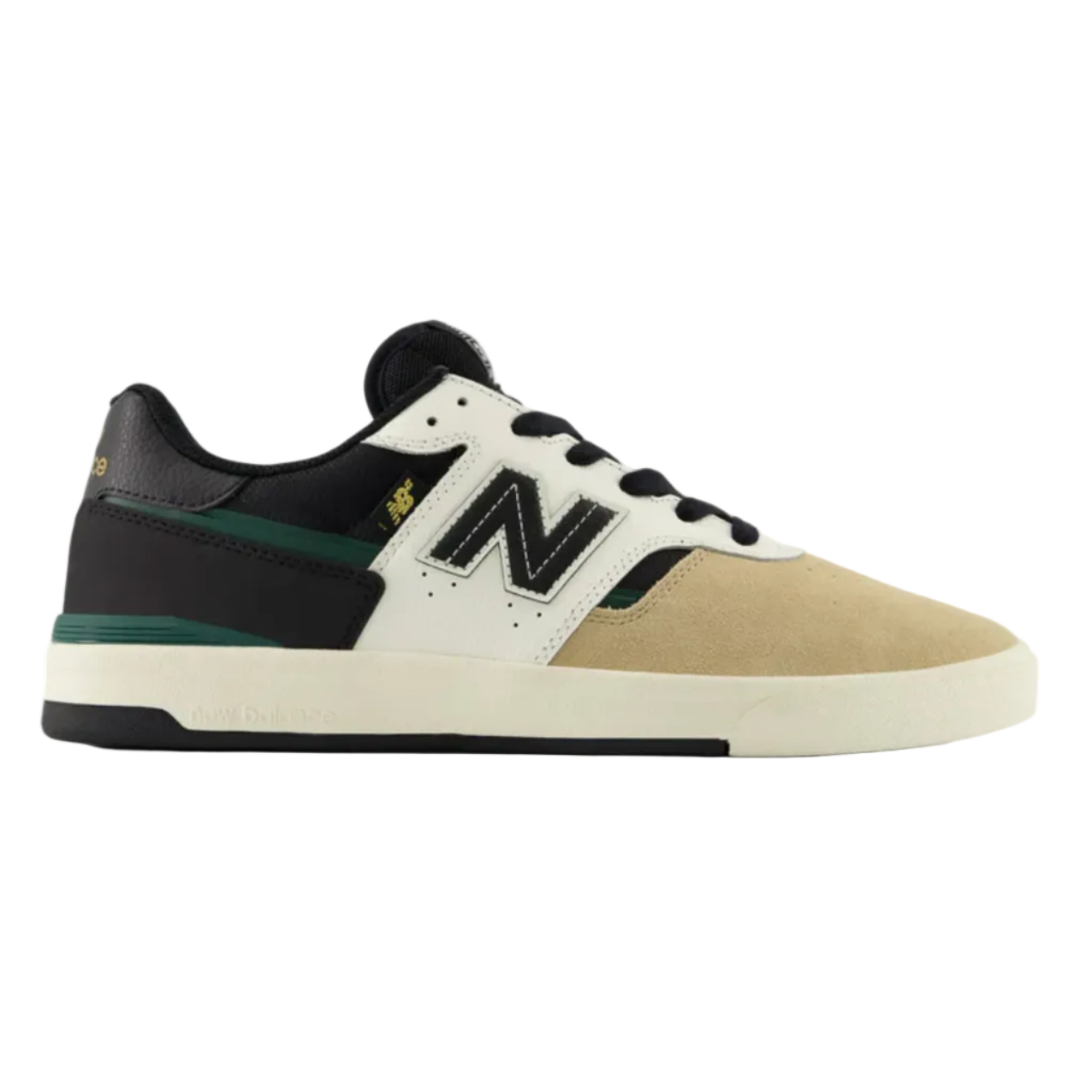 Sneaker with black, white, and beige color scheme on a white background
