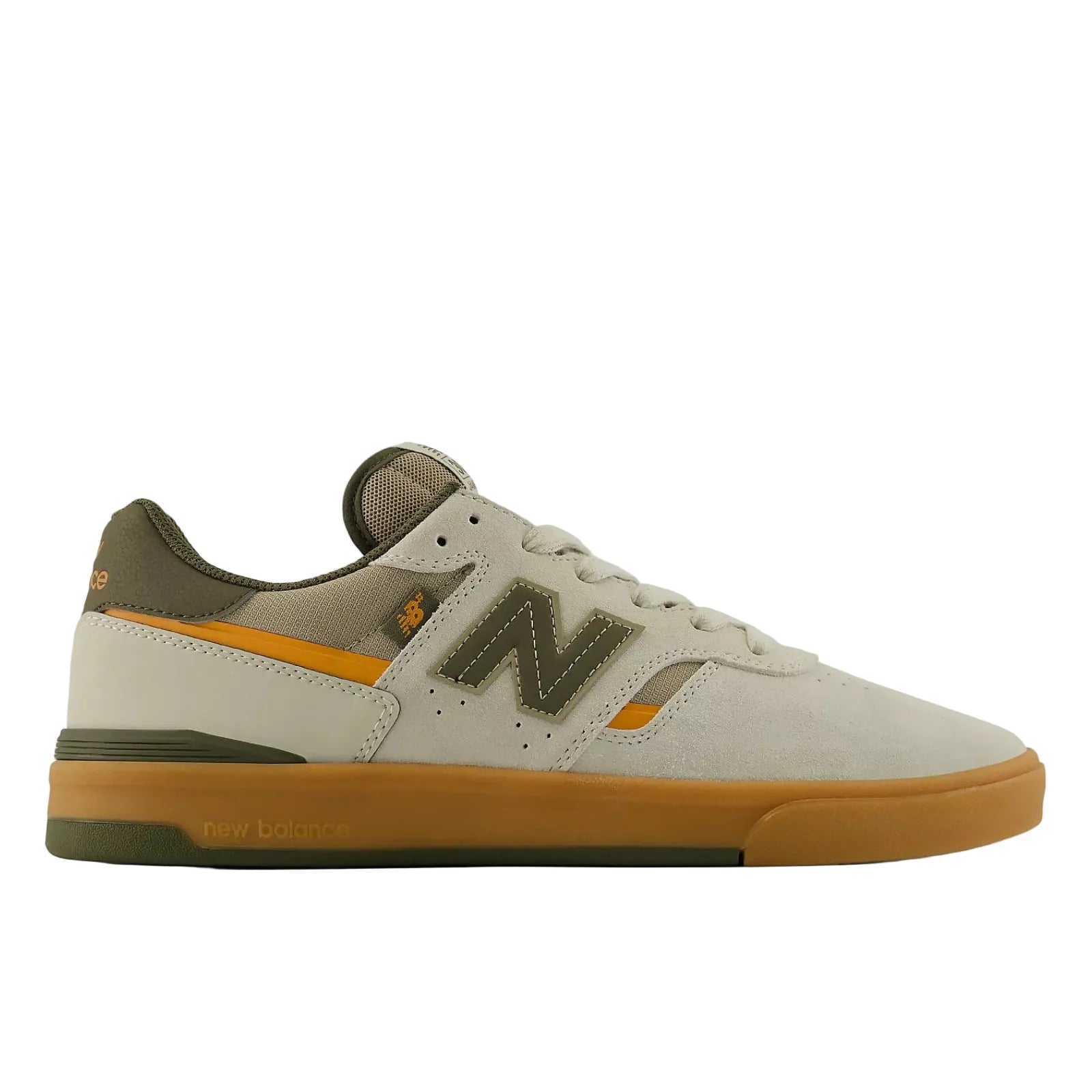 Beige and brown sneaker with New Balance logo on a white background